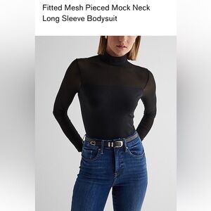 Express Women’s Fitted Mesh Pieced Mock Neck Long Sleeve Bodysuit,Black Color,L
